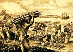 Indios zur Sklavenarbeit gezwungen, um 1540